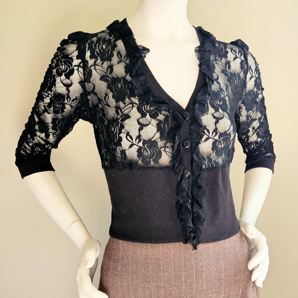 Vintage Y2K Cardigan Sheer Black Lace Sexy Dark Romantic Ruffle Whimsigoth Sz S
